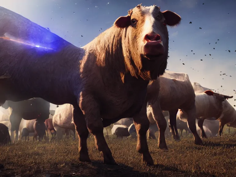 Image similar to livestock revolting against farmers, 8 k, ultra realistic, lens flare, atmosphere, glow, detailed, intricate, full of colour, cinematic lighting, trending on artstation, 4 k, hyperrealistic, focused, extreme details, unreal engine 5, cinematic, masterpiece