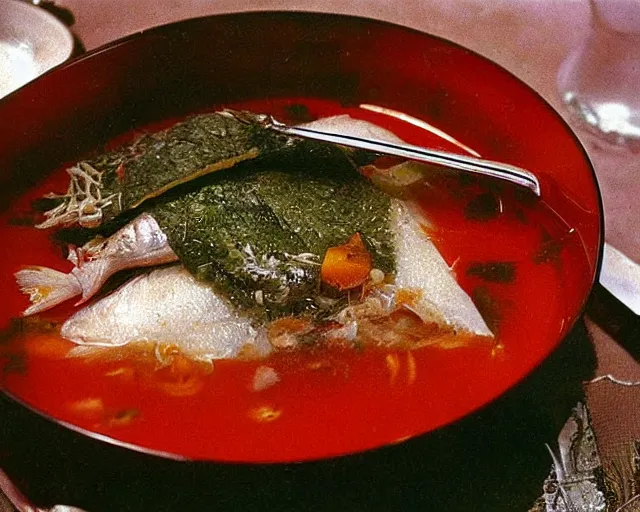 Image similar to 1970's cookbook color photograph of fish head soup sharp detail high detail