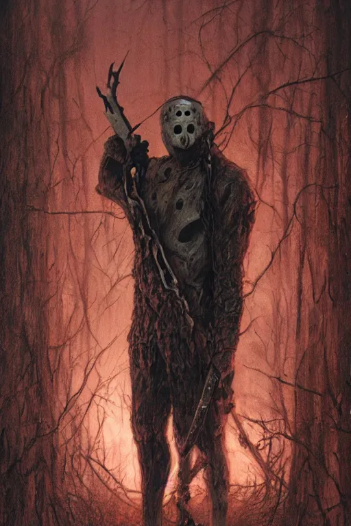 Image similar to distorted, grotesque vision of Jason Voorhies with machete peering through corpse, dark, intricate, smooth, artstation, painted by Wayne Barlowe, Greg Rutkowski, Zdislav Beksinski