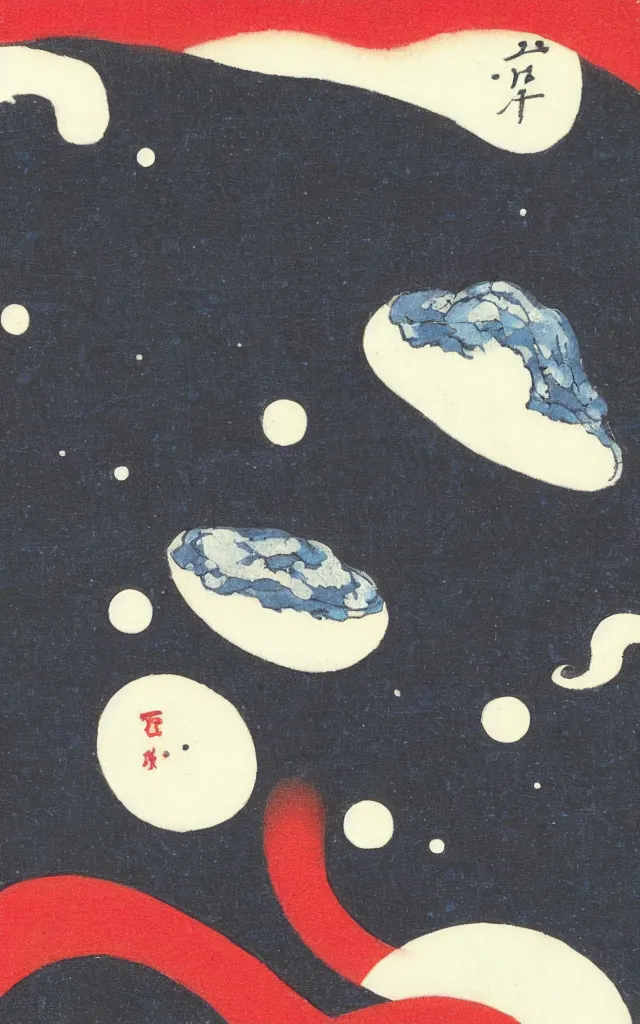 Prompt: a singular small pale blue dot, black background, white and red accents. minimalist painting. ukiyo-e, shin-hanga