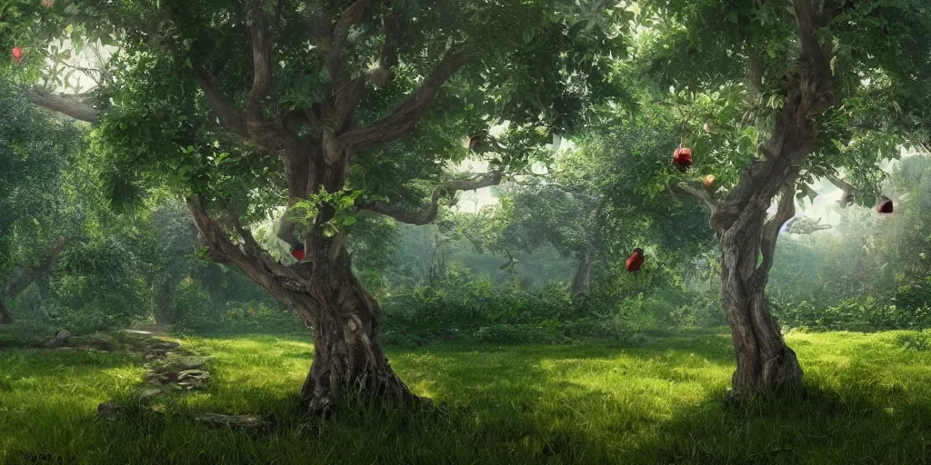 Prompt: garden of Eden, tree with forbidden fruit. high details, ultra realistic, 8k. cinematic. mate painting. artstation trending.