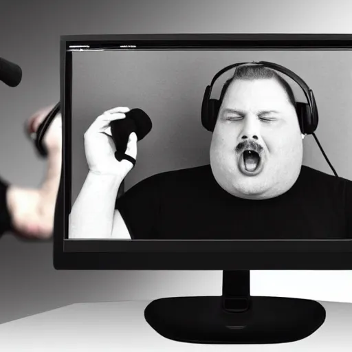 Prompt: obese Freddie Mercury wearing a headset yelling at his monitor while playing WoW highly detailed wide angle lens 10:9 aspect ration award winning photography by David Lynch esoteric erasure head