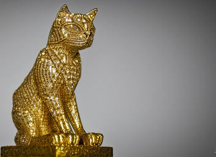 Image similar to sculpture of a diamond cat, on a golden pedestal. Highly detailed 8k. Intricate. Sony a7r iv 55mm. Award winning.