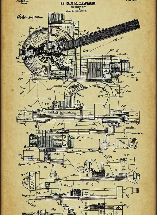 Prompt: battletech mech with axe for a hand cross - section blueprints by thomas hubert. in the style of a 1 9 0 3 patent design diagram