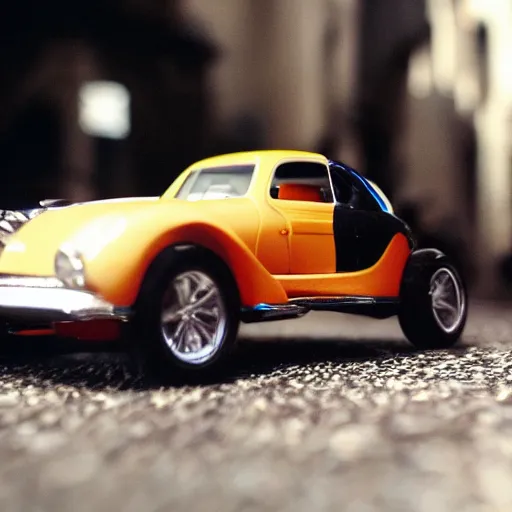 Prompt: 3 5 mm photo of dior design car like hot wheels model, rome background, epic cinematic