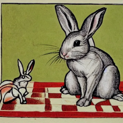 Image similar to a rabbit sitting on a chessboard, in the style of carl larsson