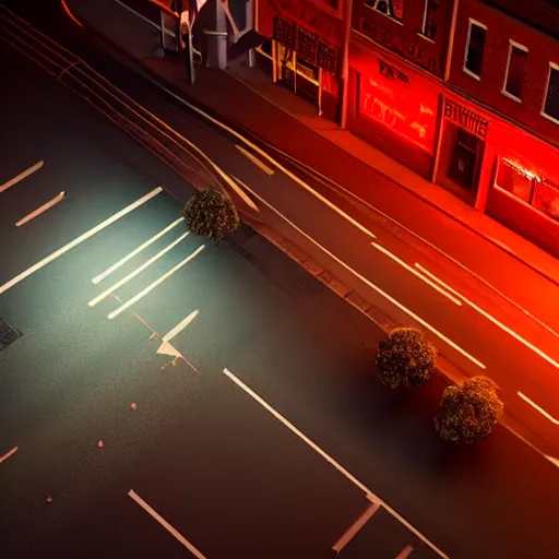 Image similar to A stunningly beautiful award-winning 8K high angle from 2nd floor cinematic movie photograph looking down diagonally across a spooky dark very foggy empty lightless moonlit main street intersection in an abandoned 1950s small town at night. perfect composition, moody low key backlit. Color palette from Seven, greens yellows and reds. 2 point perspective. Octane render