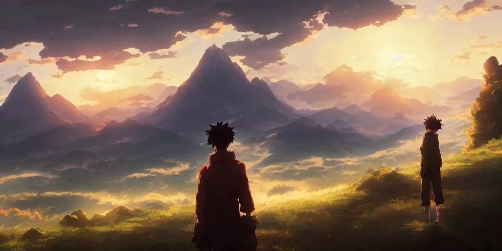 Prompt: anime character in front of an apocalyptic landscape with mountains and the clouds are burning, hyperrealistic, trending on pixiv fanbox, painted by greg rutkowski makoto shinkai takashi takeuchi studio ghibli, akihiko yoshida