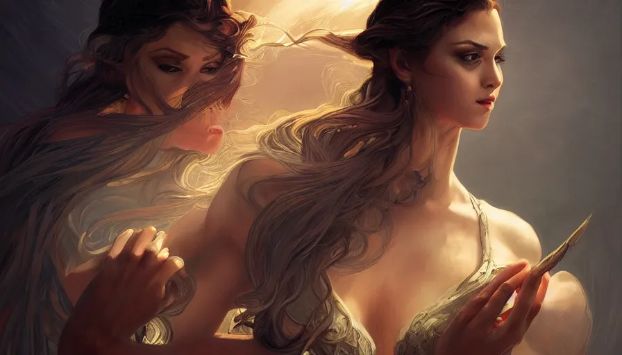 Prompt: dancer in the dark, fame of thrones, pinup. lord of daggers, past, neon, fibonacci, sweat drops, insane, intricate, highly detailed, digital painting, artstation, concept art, smooth, sharp focus, illustration, Unreal Engine 5, 8K, art by artgerm and greg rutkowski and alphonse mucha