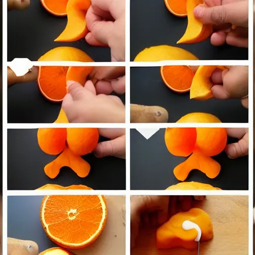 Image similar to making of an edible giraffe from an orange step by step, starting from the firs step, a whole orange, each step is a progression
