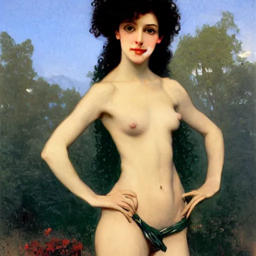 Image similar to oil painting of a portrait of a Queen dark curly hair, fair skin, by Bouguereau, by Patrick Nagel, by Georgia O Keeffe, by Gustave Moreau, art deco, matte drawing, storybook illustration, tonalism, realism