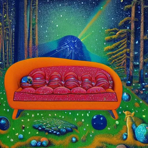 Image similar to psychedelic couch sofa in the pine forest, goose, milky way, designed by moebius, rob gonsalves, gustav dore, giuseppe arcimboldo and carl barks, louis wain, trending on artstation, star, sharp focus, colorful refracted sparkles and lines, soft light, 8 k 4 k