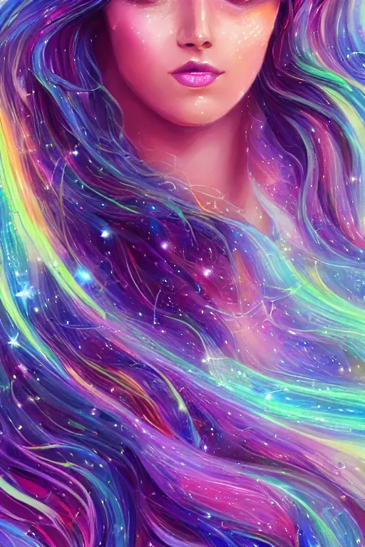 Prompt: one super realistic beautiful young womans face, magical, space stars and planets in her hair, windblown, intricate, synth-wave, retrowave, colorful, highly-detailed, elegant, dramatic lighting, gorgeous face, lifelike, photorealistic face, long luxurious intricate gown, digital painting, artstation, illustration, concept art, smooth, sharp focus, art by Jude Palencar, John Collier, artgerm, and Albert Aublet and Krenz Cushart and Artem Demura and Alphonse Mucha