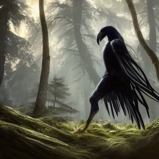 Image similar to half human half raven full body wizard walking in old forest, unreal engine, digital, artstation, detailed body, heavenly atmosphere, digital art, overdetailed art, trending on artstation, cgstudio, the most beautiful image ever created, dramatic, award winning artwork, beautiful scenery