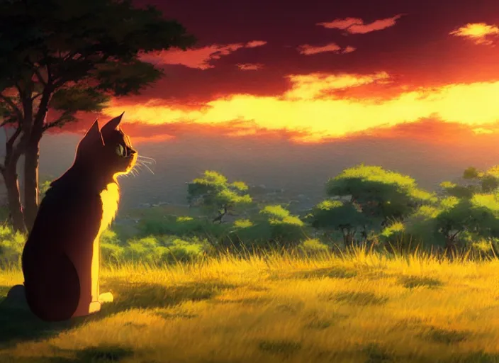 Prompt: cat, by makoto shinkai, highly detailed, sunset light