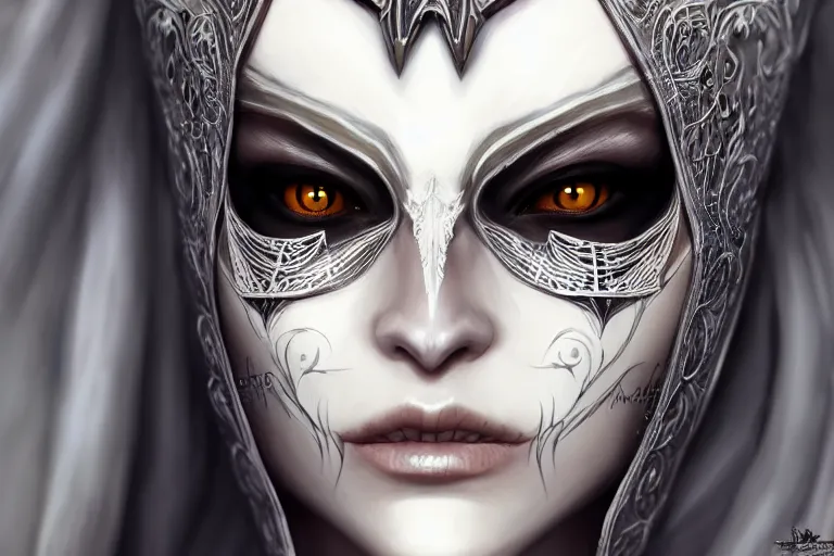 Image similar to a full portrait of a beautiful woman wearing, wearing extremely detailed attire, slim complexity, extremely detailed white eyes, medievil, dnd, extremely detailed, high quality, trending on artstation, photo realistic