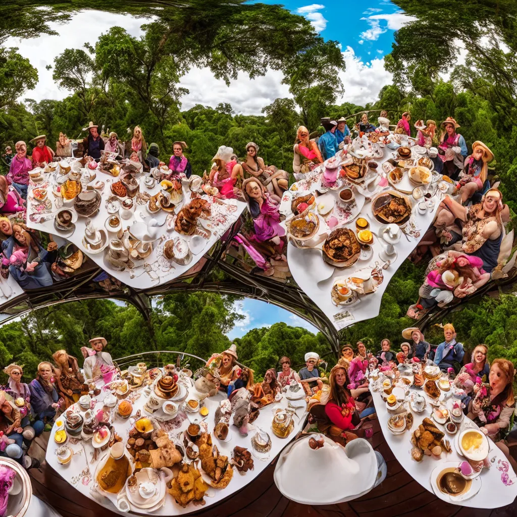 Image similar to elephant tea party, high tea, on a bridge, fulldome, 1 8 0 degree fisheye, 4 k,