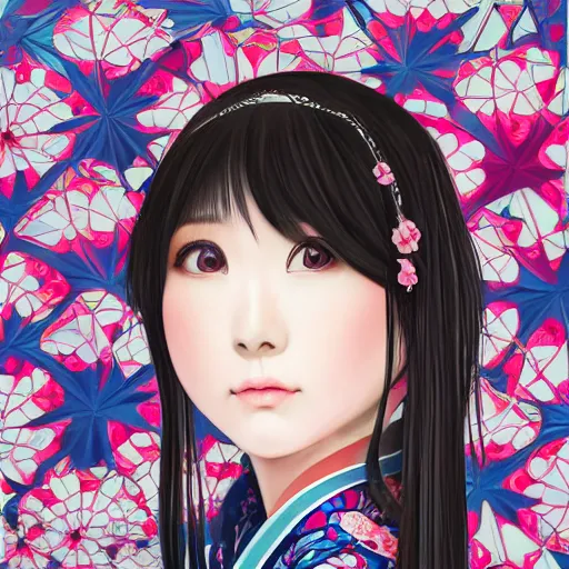 Image similar to centered portrait of beautiful Kawai Japanese girl in kimono holding an umbrella, hyperdetailed, digital painting, trending on CG society