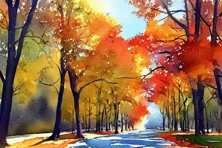 Image similar to avenue autumn watercolor pen light color on artstation