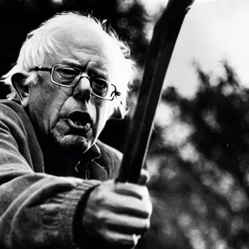 Image similar to Bernie Sanders as Gandolf defending Bridge of Khazad-dûm, 35mm photo