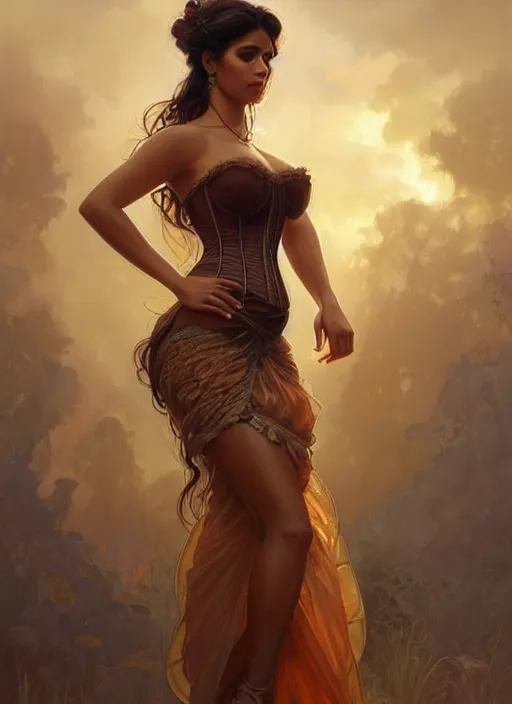 Image similar to cute brown woman wearing a translucent corset dress, fantasy, intricate, highly detailed, digital painting, artstation, concept art, wallpaper, smooth, sharp focus, illustration, art by artgerm and greg rutkowski and alphonse mucha