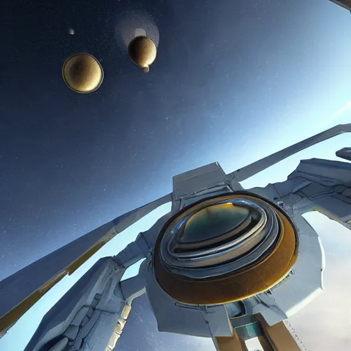 Image similar to An orbital ring like the ones from Halo as viewed from the ground, looking up at the horizon. Hyperrealistic photorealism rendered with octane