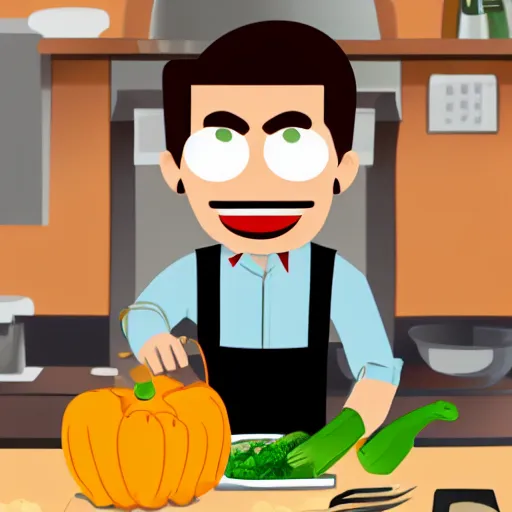 Image similar to husband chopping vegetables, wearing a collared shirt and dress pants with dress shoes, deranged smile, male android, malfunctioning, sparking, red glowing left eye