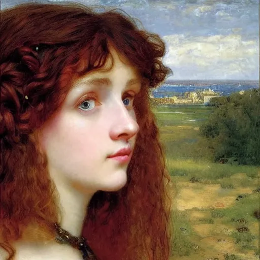 Prompt: a portrait of a beautiful girl with bright red curly long hair and green eyes, with a pretty baroque frame and a devoted posture, she is facing left but her eyes are looking at the viewer, in the style of lawrence alma - tadema, extremely detailed, golden ratio, 8 k