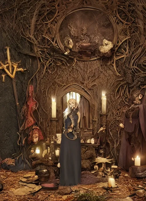 Prompt: picture inside covens den, intricate wiccan scene detailing, textless, hyperornate wiccan photorealistic mask, highly detailed, photorealistic, diffuse lighting, hdrp render, artstation, unreal 5, smooth, sharp focus, art by john collier, albert aublet, krenz cushart, artem demura, alphonse mucha