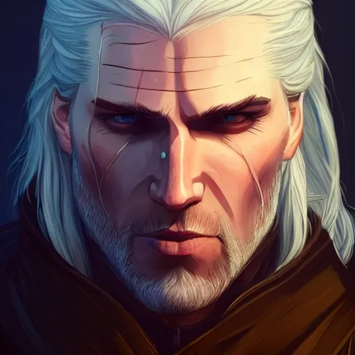 Prompt: a portrait of geralt of rivia, art by lois van baarle and loish and ross tran and rossdraws and sam yang and samdoesarts and artgerm and saruei and disney, digital art, highly detailed, intricate, sharp focus, trending on artstation hq, deviantart, unreal engine 5, 4 k uhd image