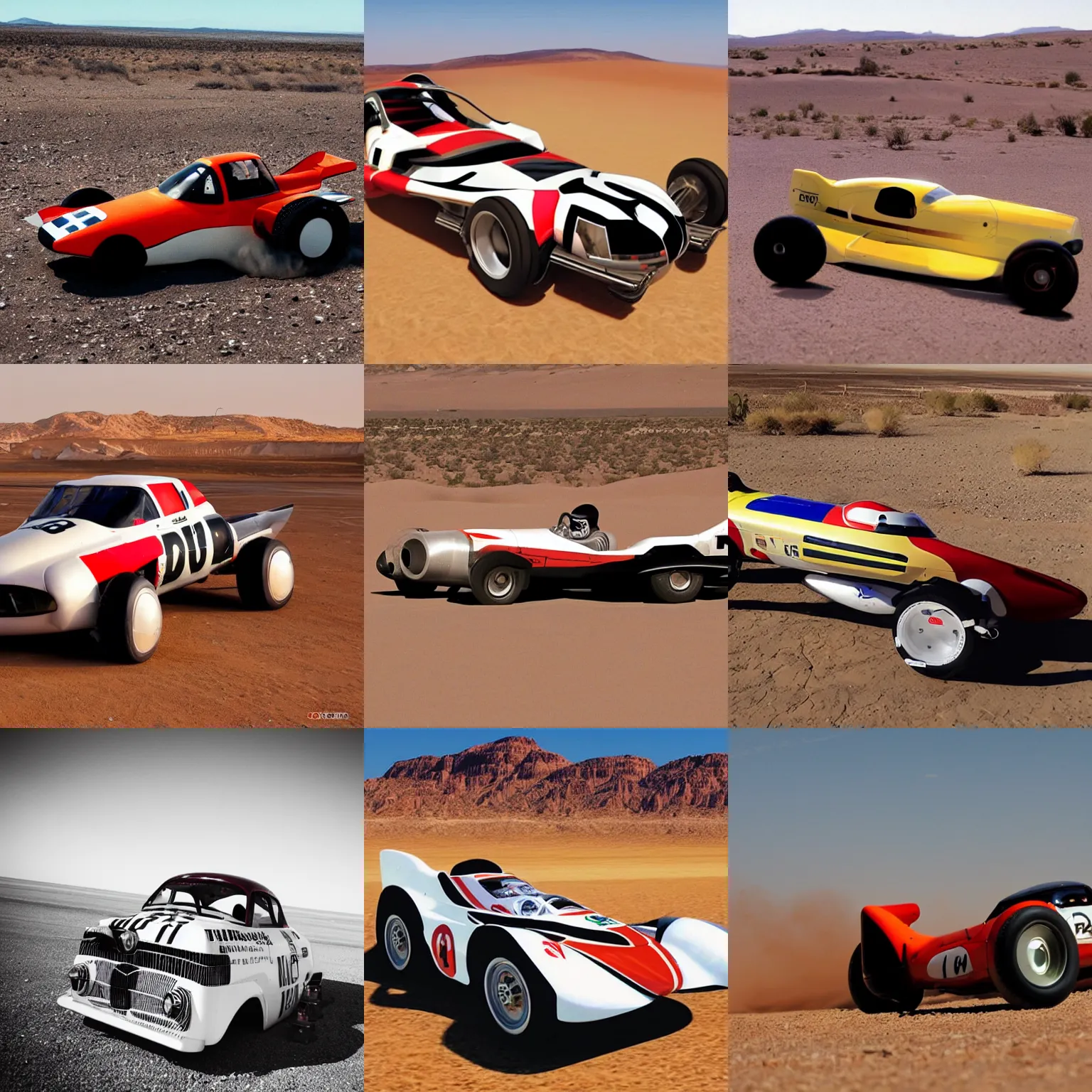 Prompt: a retro flying racing car in the desert