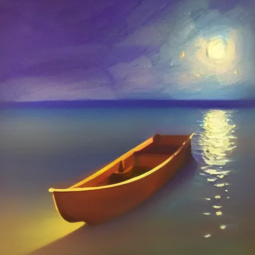 Prompt: a small boat under a moonlit sky with shimmering water. beautiful use of light and shadow to create a sense of depth and movement. using energetic brushwork and a limited color palette, providing a distinctive look and expressive quality in a rhythmic composition