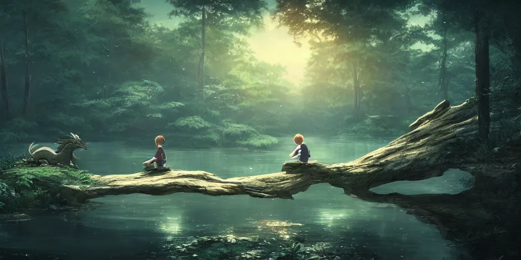 Image similar to a silver dragon and a boy sitting next to lake in forest, many fireflys, at night, concept art, dof, cryengine, digital art, detailed background, makoto shinkai