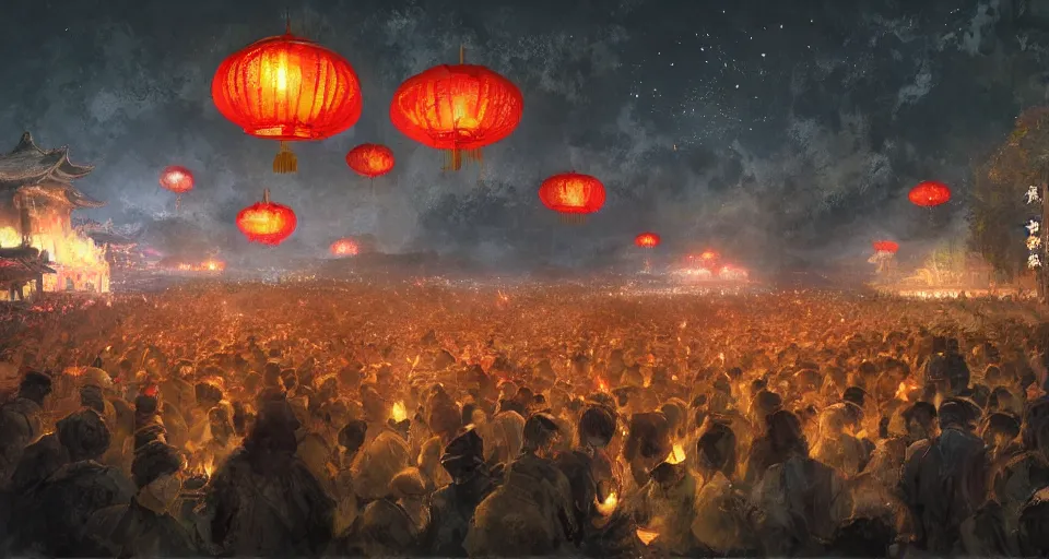 Image similar to craig mullins and ghibli digital art of zhongyuan festival in china ， lanterns ， gohst door with fire in the sky, black night sky, stars, below is the crowd, rivers, villages ， unreal engine, hyper realism, realistic shading, cinematic composition, realistic render, octane render, detailed textures, photorealistic, wide shot