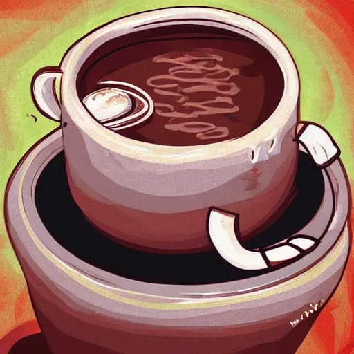 Image similar to a fisherman relaxing in a giant hot chocolate mug,digital art