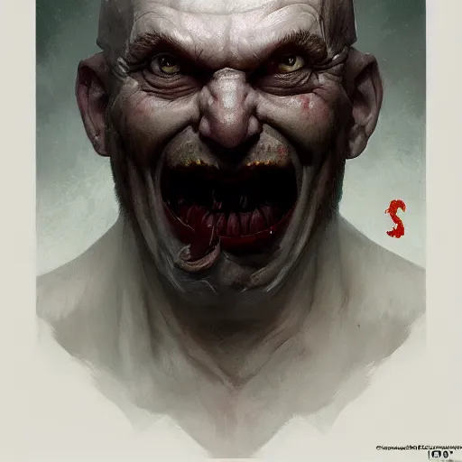 Image similar to portrait of a red bald man with black eyes and a black teeth, horror, glowing eyes, by Stanley Artgerm Lau , greg rutkowski, thomas kindkade, alphonse mucha, loish, norman rockwell. Trending on artstation detailed illustration hd 4k