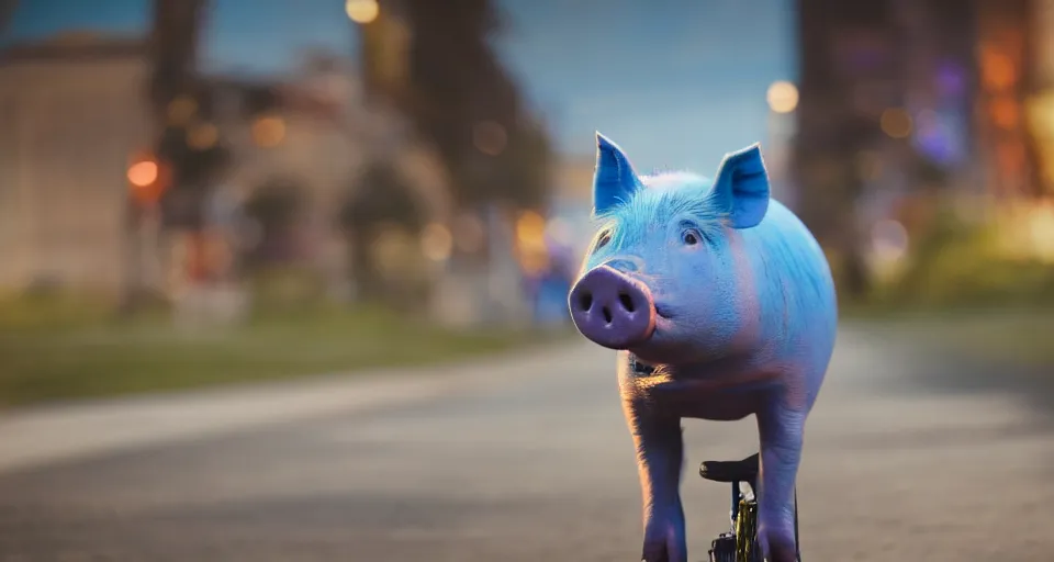 Prompt: a blue pig riding a bicycle, atmospheric lighting, 4 k, realistic