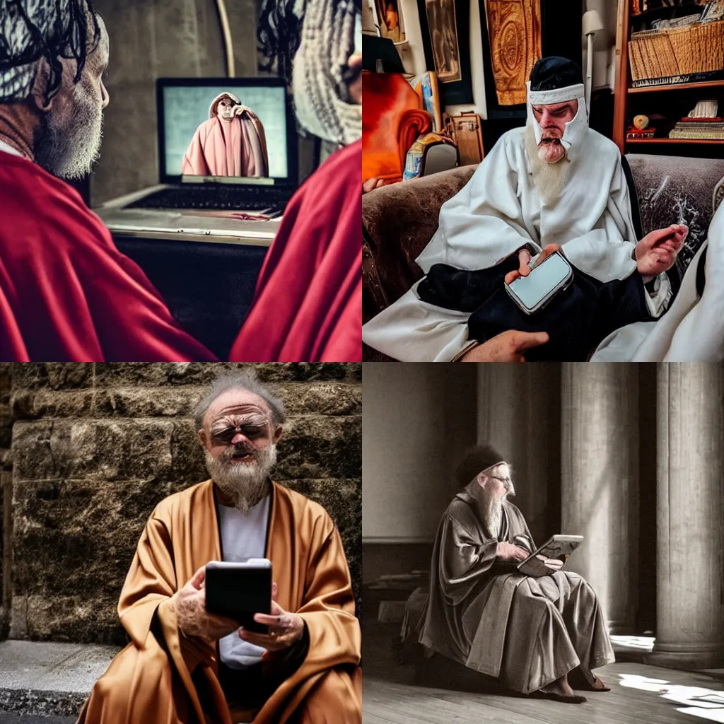 Prompt: a time traveler is dressed in old robes and it is watching its smartphone in the year 2000 BC. Photography