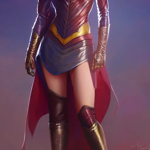 Image similar to Willa Holland as Super Girl, western, D&D, fantasy, intricate, elegant, highly detailed, digital painting, artstation, concept art, matte, sharp focus, illustration, art by Artgerm and Greg Rutkowski and Alphonse Mucha