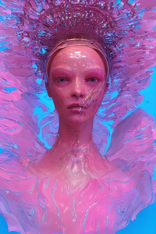 Image similar to epic 3 d abstract sculpture, perlin mesh liquid headdress, 2 0 mm, with pastel pink and cerulean hextech bursting, melting smoothly into other faces, liquid, delicate, beautiful, intricate, houdini sidefx, trending on artstation, by jeremy mann and ilya kuvshinov, jamie hewlett and ayami kojima