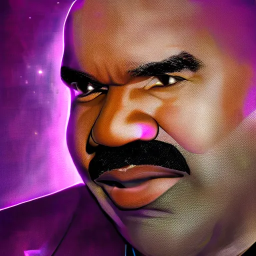 Prompt: closeup portrait of an ethereal steve harvey made of purple light, divine, cyberspace, mysterious, dark high-contrast concept art