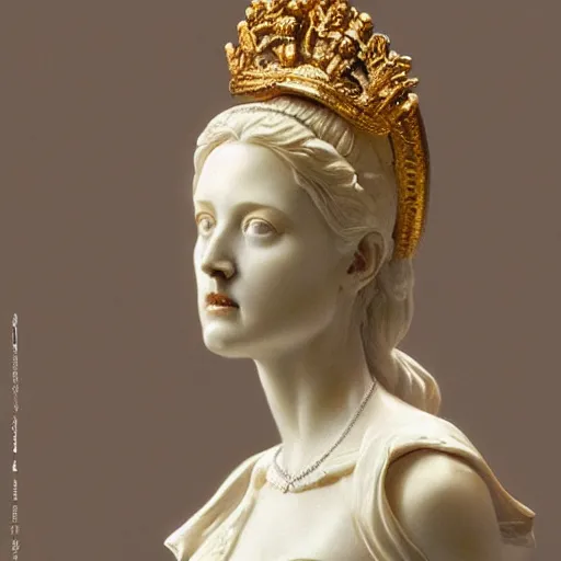Prompt: beautiful lifelike award winning marble statue bust of dronning magrethe eating a hotdog trending on art station artgerm greg rutkowski alphonse mucha museum quality cinematic atmospheric