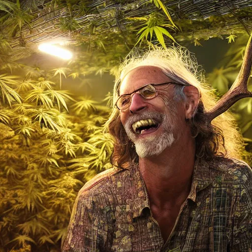 Image similar to intoxicated lazy older hippie wearing twigs and leaves and antlers smiling sheepishly in a field of cannabis plants, highly detailed, dramatic lighting, night time, cinematic, sci - fi, hyperrealistic, detailed
