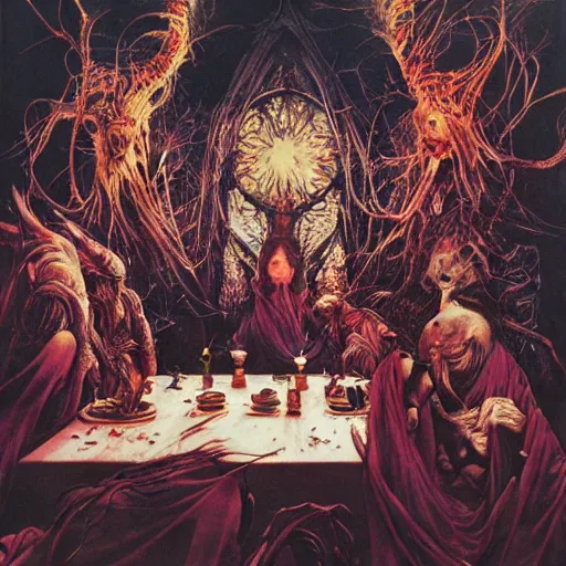 Prompt: realistic detailed image of Monsters at the Last Supper by Ayami Kojima, Amano, Karol Bak, Greg Hildebrandt, and Mark Brooks, Neo-Gothic, gothic, rich deep colors. Beksinski painting, part by Adrian Ghenie and Gerhard Richter. art by Takato Yamamoto. masterpiece