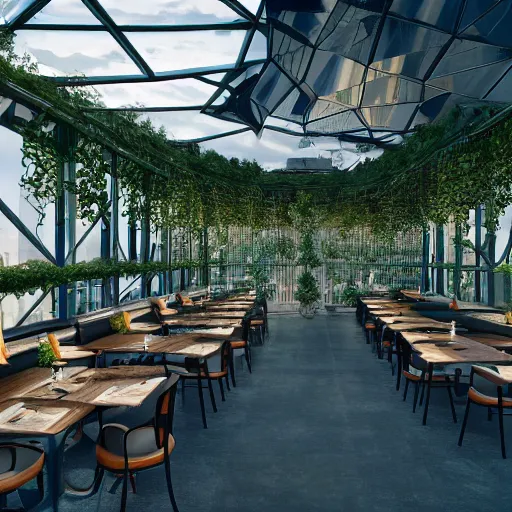 Prompt: modern rooftop restaurant inspired by plant structures and biomimicry, moody lighting, modern lighting, hyper - realistic, hyper - detailed, 8 k, octane rendered, art nouveau, organic, flowing. torsion, dynamic