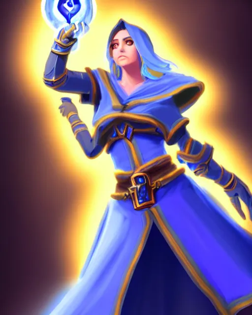 Image similar to perfectly - centered!! looking at the camera!!! full body portrait of the female blue mage, bright lighting, by hearthstone, concept art, hearthstone mastered art