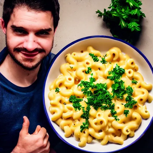 Prompt: mac and cheese retrospective portrait of a young dude 2 9 years old, with parsley