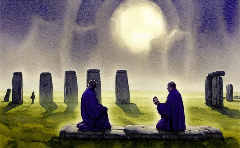 Image similar to a hyperrealist watercolour character concept art portrait of one small grey medieval monk kneeling down in prayer in front of a floating portal above a complete stonehenge monument on a misty night. a ufo is in the sky. by rebecca guay, michael kaluta, charles vess and jean moebius giraud