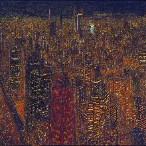Image similar to Sculpture. A beautiful, but eerie, illustration of a cityscape at night. The buildings are all tall and thin, and they are lit up by a strange light. The sky is deep and dark and there are no stars to be seen. by James Ensor, by Jerry Siegel Sigma 85mm f/1.4