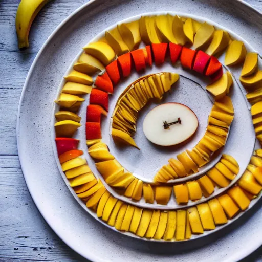 Prompt: beautiful photo of food art of sailing ship made from mango, bananas and apple pieces on a white plate, dslr